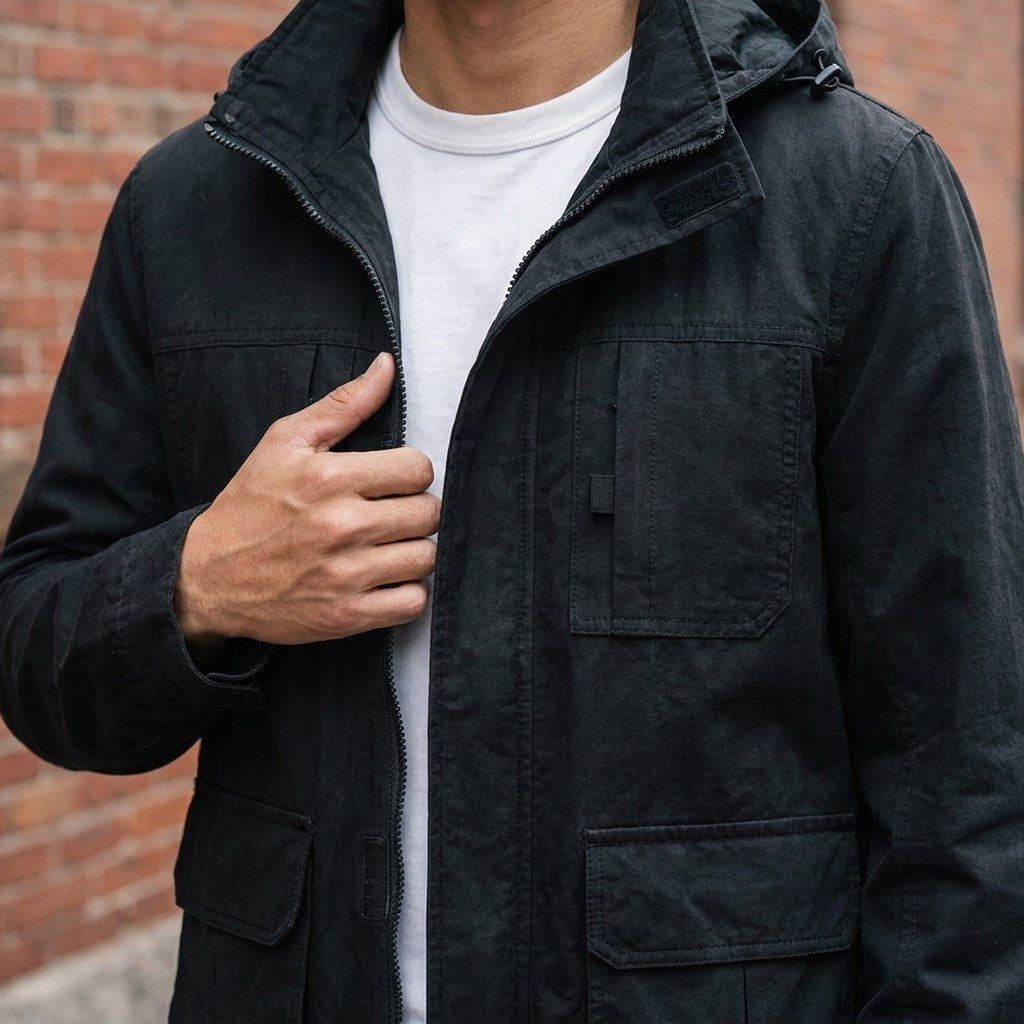 Close-up of the Viterbo Hooded Cargo Jacket in Black worn over a white tee, showing the stand collar, hood and velcro chest pockets