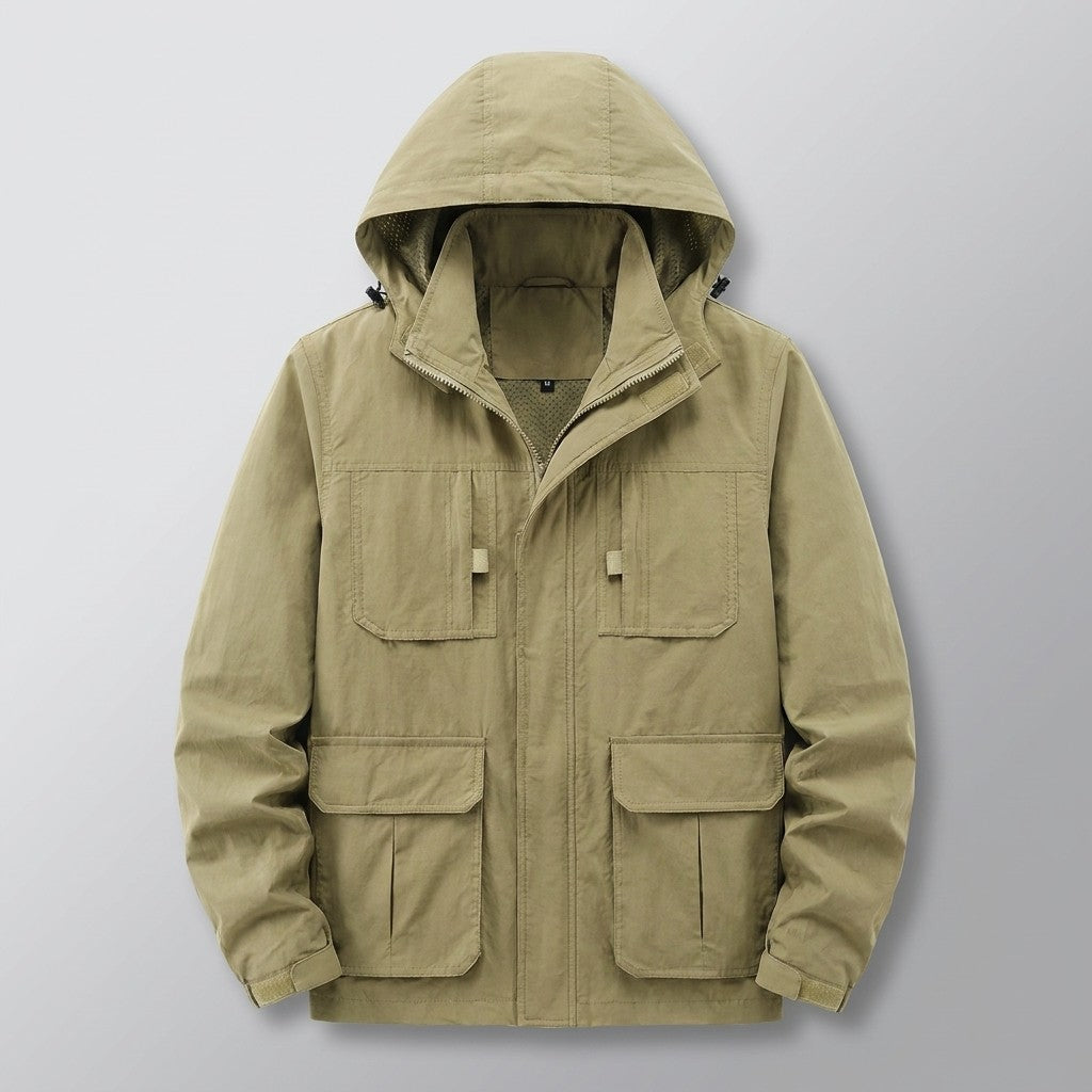 Viterbo Hooded Cargo Jacket for men in Khaki, laid flat, front view with hood, front zip and four flap pockets