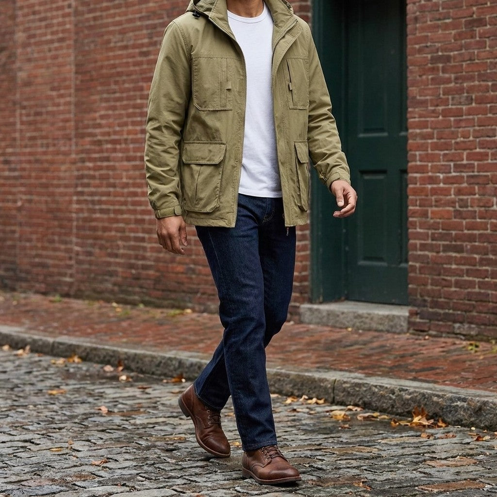 Full outfit: Viterbo Hooded Cargo Jacket in Khaki with dark jeans and brown boots, walking on a cobblestone street