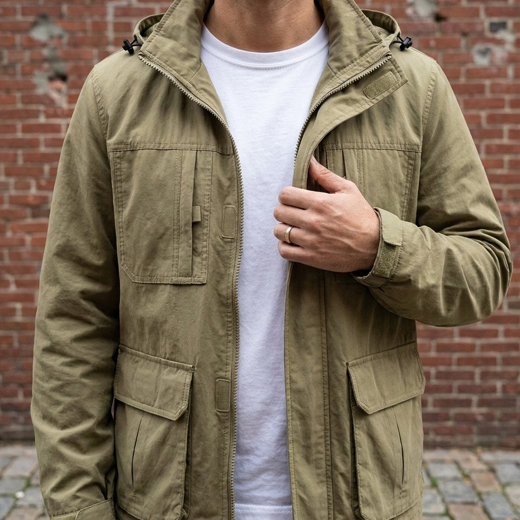Close-up of the Viterbo Hooded Cargo Jacket in Khaki worn over a white tee, showing the stand collar, hood and velcro chest pockets